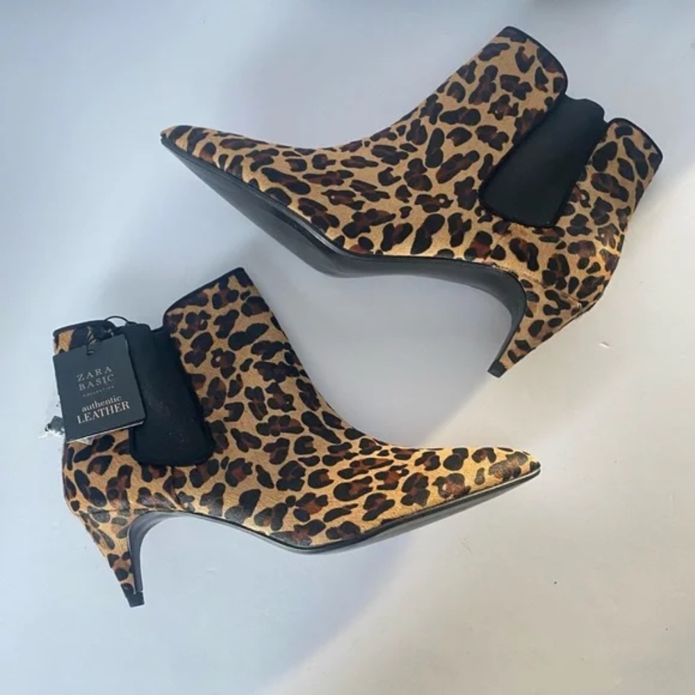 NWT Zara Leopard Calf Hair Kitten Heel Booties 41
